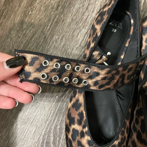 Zara Leopard Print Mary Jane Flats - Brown/Black - Picture 3 of 4